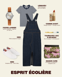 Look esprit écolière : salopette denim 1083, montre Pierre Lannier et accessoires