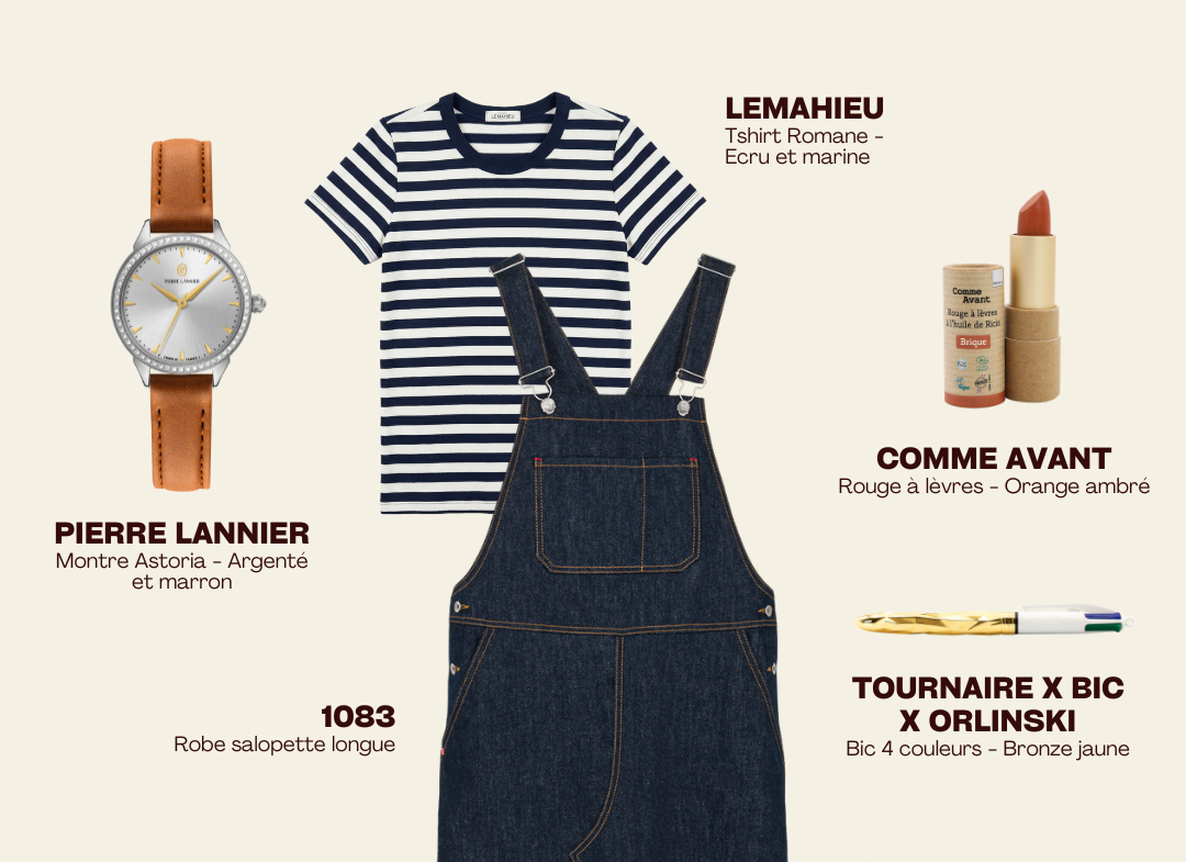 Look esprit écolière : salopette denim 1083, montre Pierre Lannier et accessoires