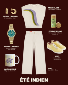 Look été indien : pull Anny Blatt, jean écru 1083 et accessoires pastel