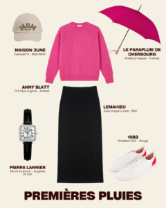 Look premières pluies : pull rose Anny Blatt, jupe Lemahieu et parapluie fuchsia