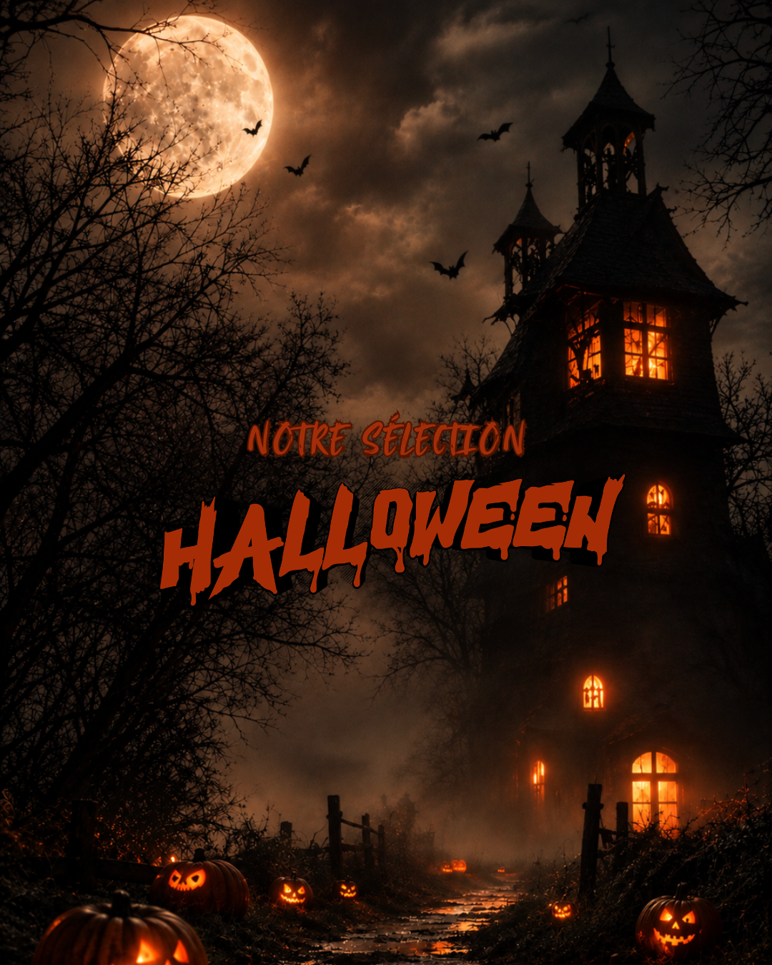 Visuel Halloween avec une maison hantée, une pleine lune, des chauves-souris et des citrouilles illuminées, accompagné du titre « Notre sélection Halloween ».